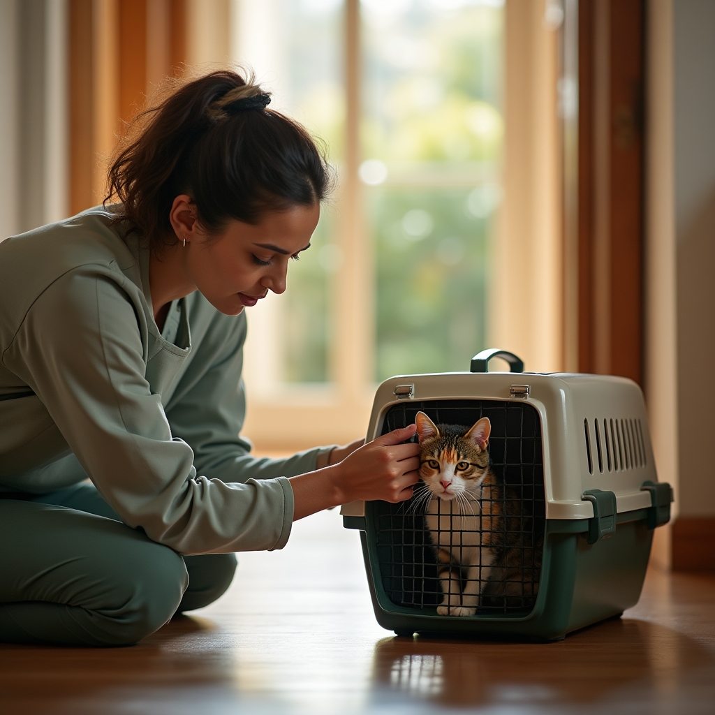 A caregiver kneeling beside an open cat carrier, gently administering care during a scheduled check-in visit