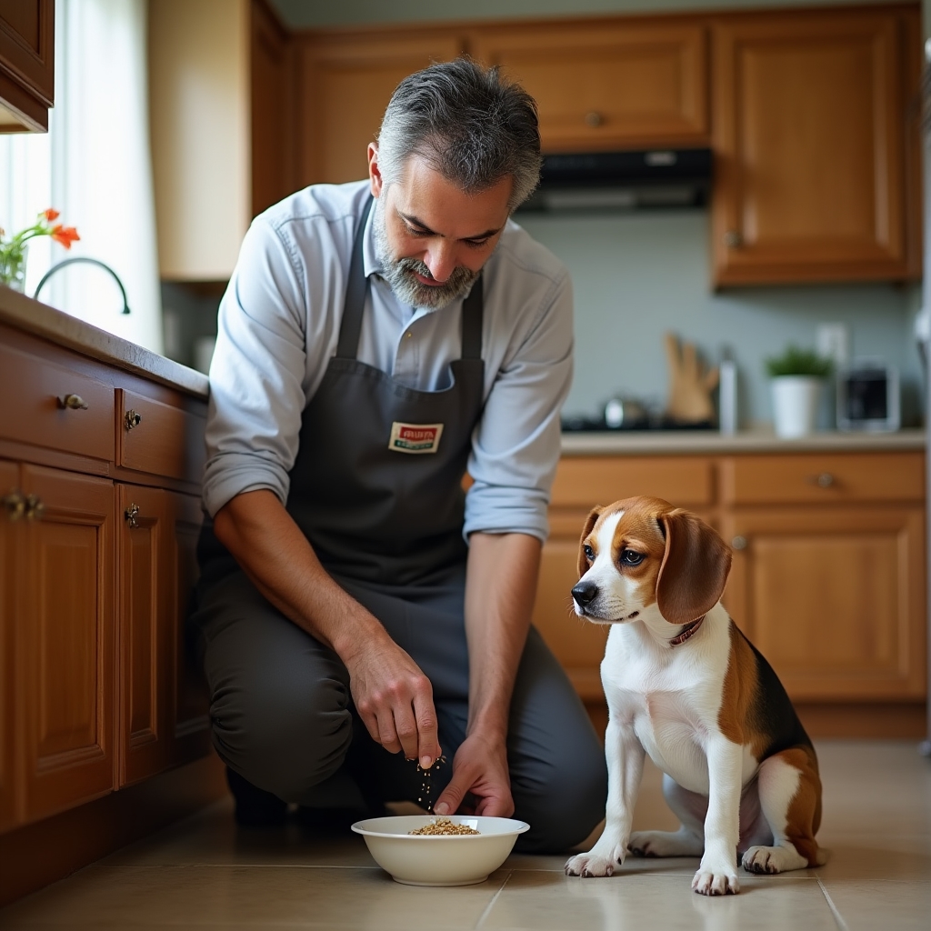 A caregiver preparing a bowl of food for a dog in a home kitchen during a feeding visit