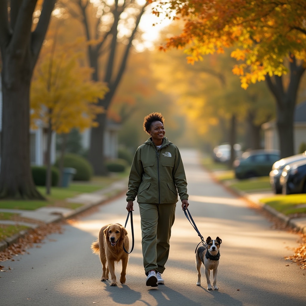 A caregiver walking two leashed dogs down a quiet tree-lined American neighborhood street in the late afternoon