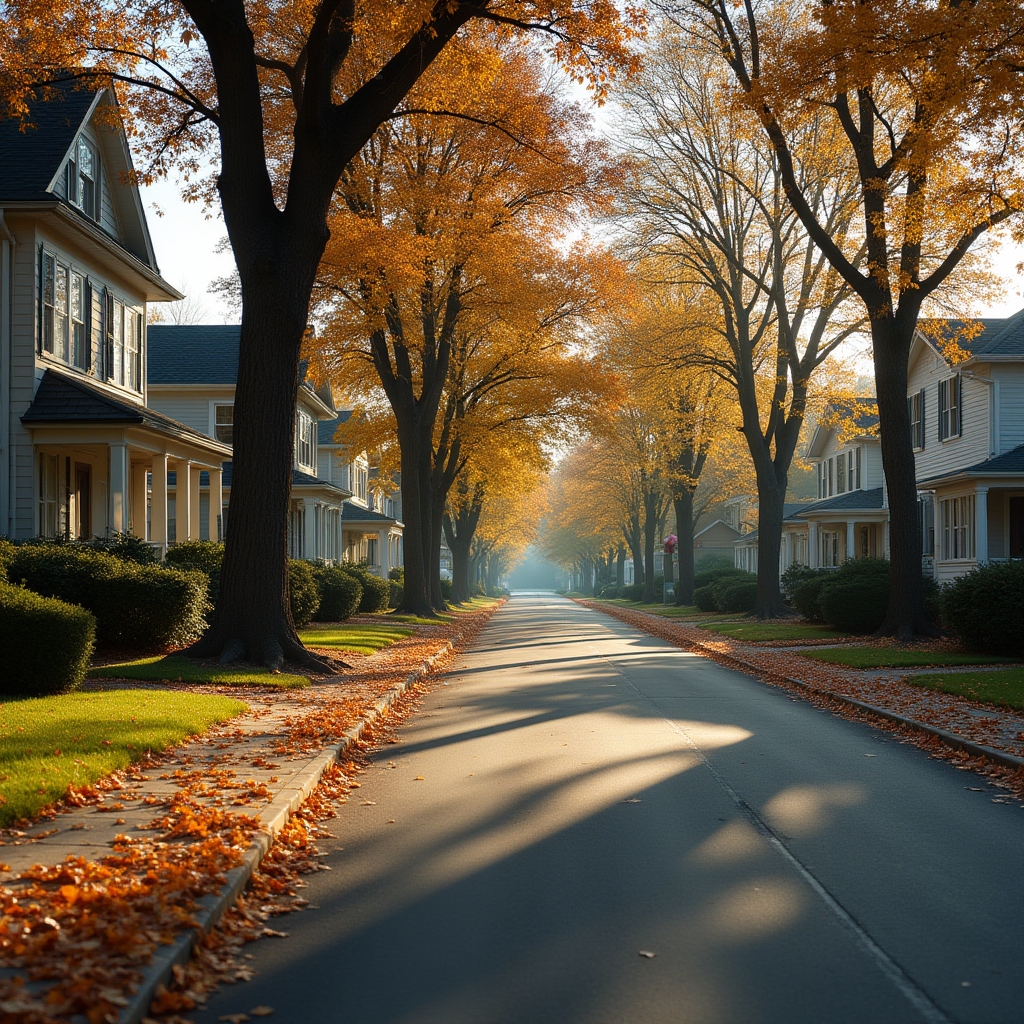A quiet residential American neighborhood street lined with autumn trees and modest homes in soft afternoon light