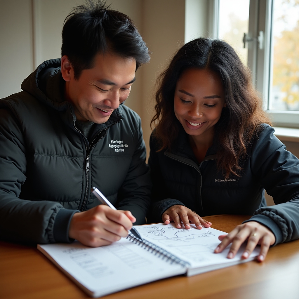 Two pet care team members reviewing a notebook of neighborhood walking routes and visit schedules at a table