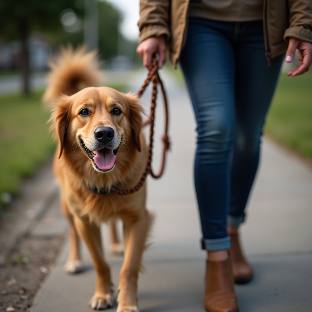 Close-up of a caregiver's hands holding a leash while walking a dog along a paved neighborhood sidewalk